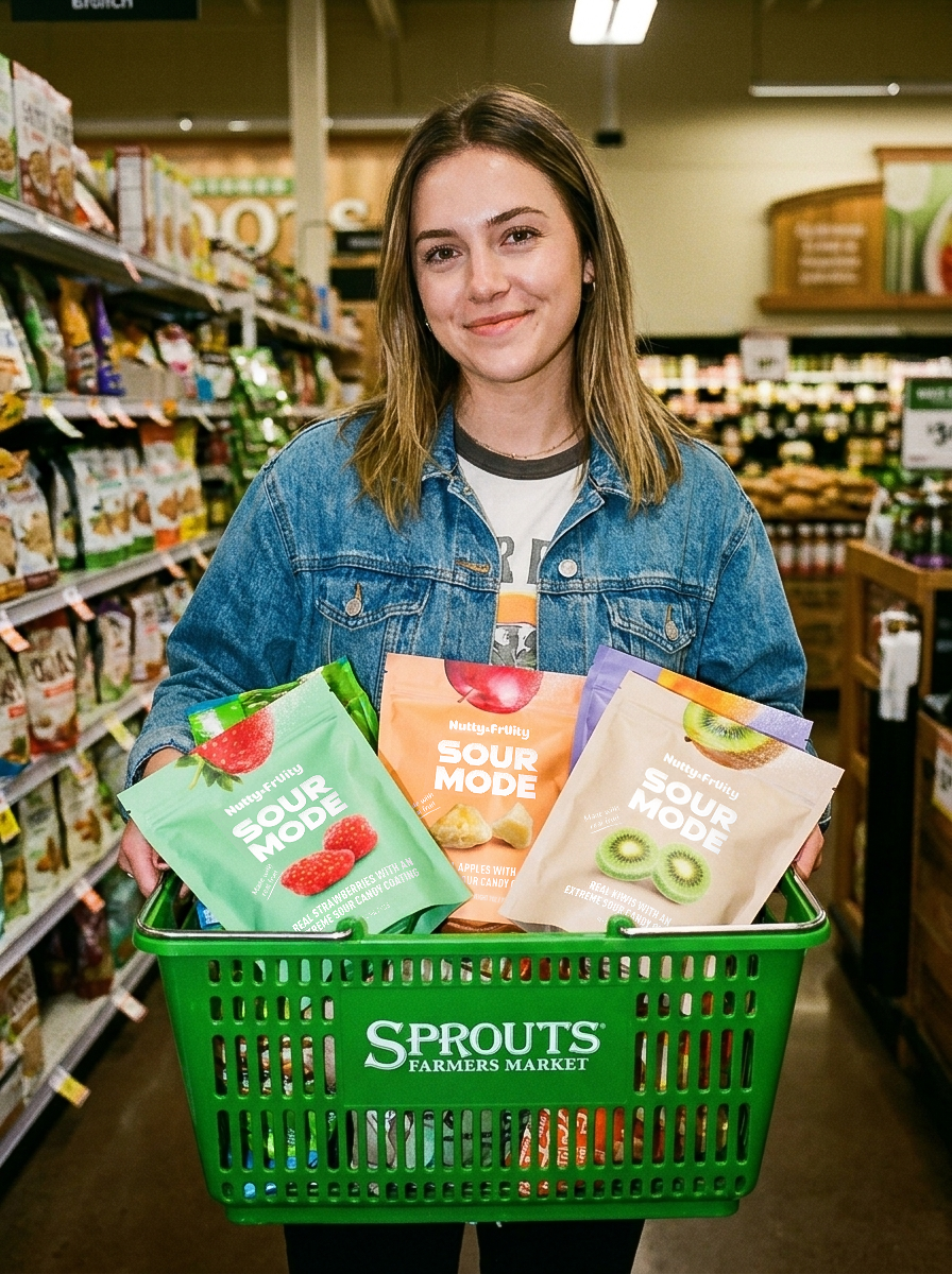 Shopper holding a Sprouts basket of Sour Mode